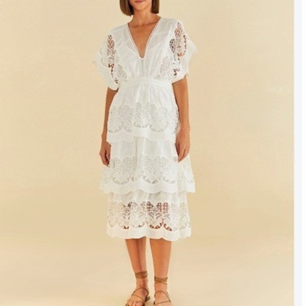Farm Rio Off-White Richelieu Eyelet Lace Tiered Midi Dress XS Cotton Resort